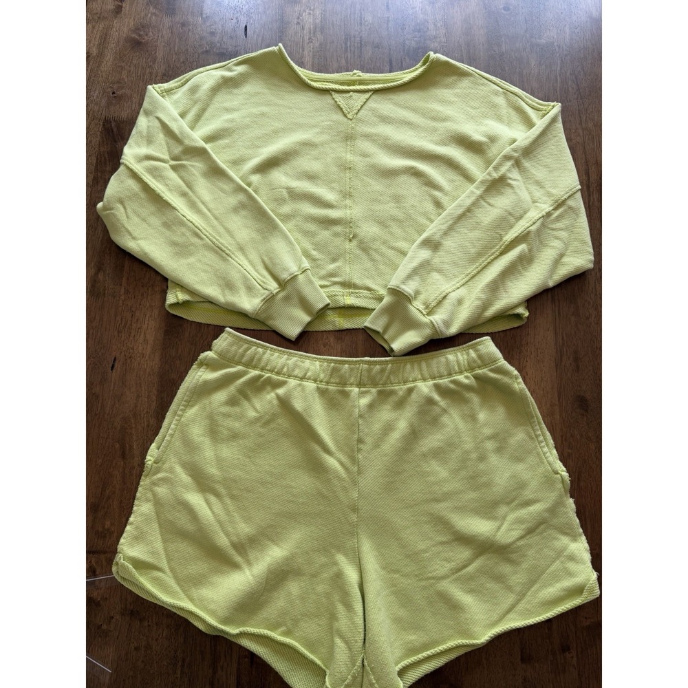 Aerie Neon Lime Lounge Set Cropped Sweatshirt & Shorts M Top L Bottoms